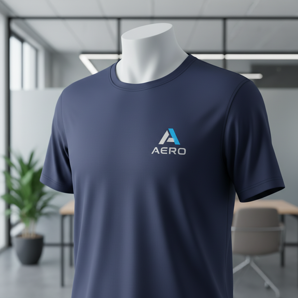 A close-up, photographic realism image of a single premium corporate T-shirt on a minimalist white mannequin torso, focusing on a crisp, well-aligned company logo printed over the chest. The shirt is deep navy with a smooth, combed-cotton texture and subtle sheen, seams perfectly straight. The mannequin stands in front of a softly blurred office backdrop with glass partitions and neutral furniture, suggesting a modern corporate environment. Cool, diffused daylight from large windows on the side creates gentle highlights on the fabric and controlled shadows along the folds. Captured at eye level with shallow depth of field, the mood is professional, polished, and reliable, reinforcing the idea of high-standard corporate branding.