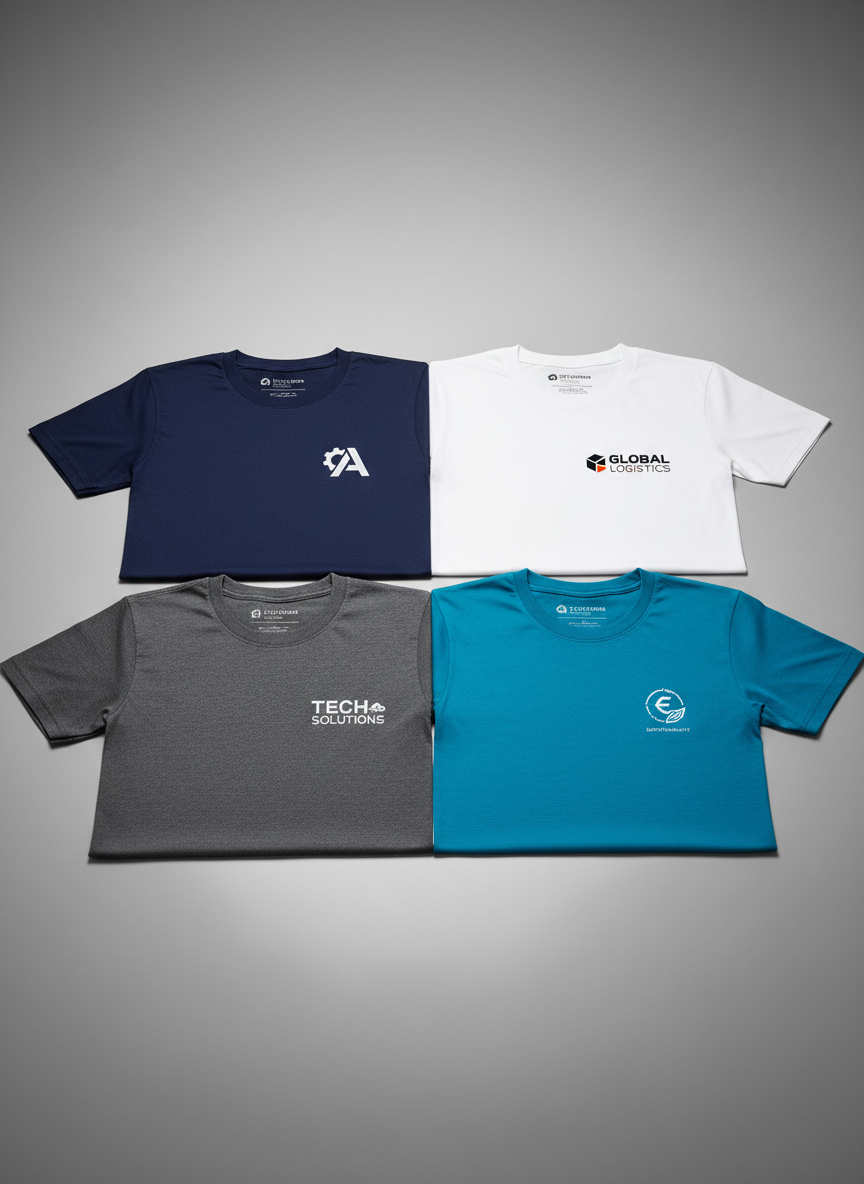 A neatly arranged selection of high-quality corporate T-shirts laid flat on a smooth, neutral gray studio surface, showcasing different solid colors like navy, white, graphite, and company-brand tones. Each shirt displays precise, sharp-edged logo prints and embroidery, with visible fine weave cotton texture and reinforced seams. Soft, even studio lighting from both sides eliminates harsh shadows and highlights fabric quality and print clarity. The background is gently blurred toward the edges, keeping focus on the garments. Shot from a slightly elevated, centered angle with photographic realism, the mood is professional, trustworthy, and clean, ideal for a B2B landing page header about customized corporate T-shirts.