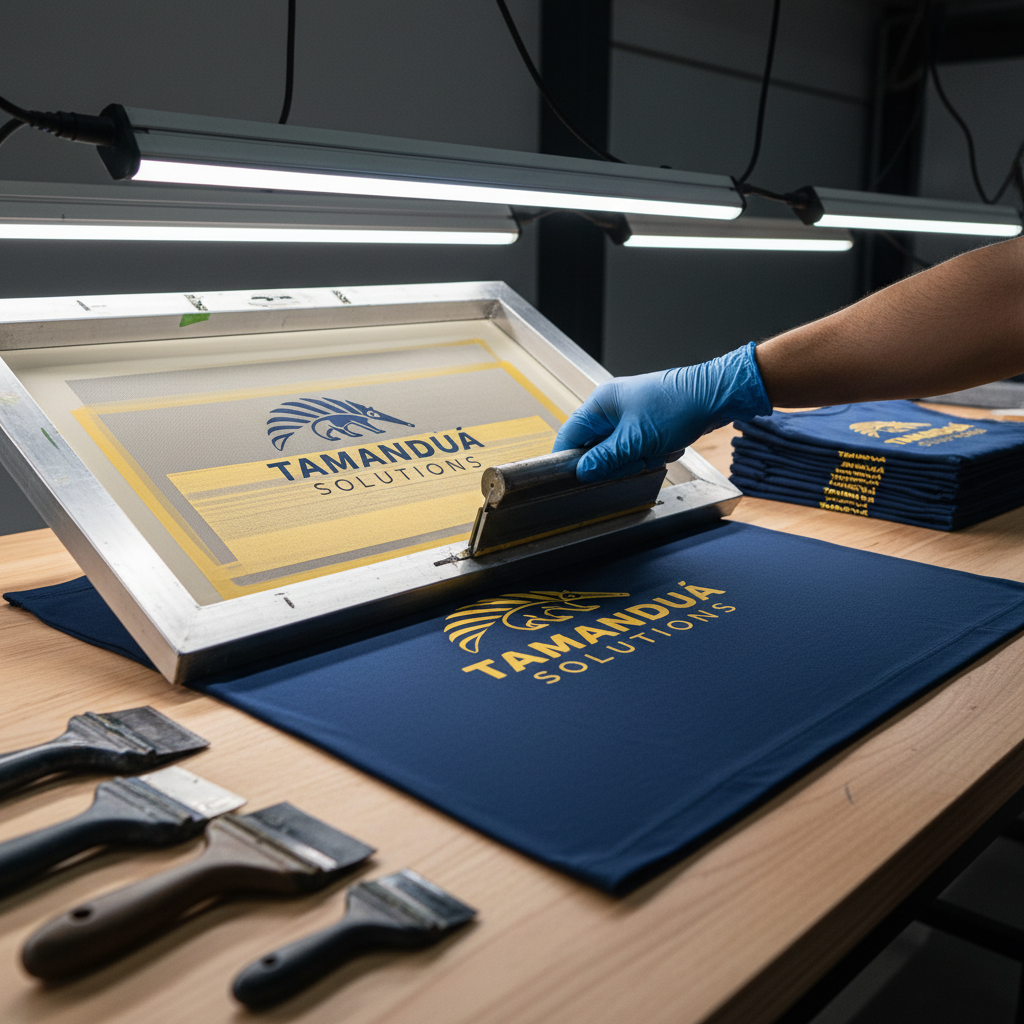 A detailed close-up of a screen-printing frame in action, showing rich, vibrant ink being pulled across a smooth navy corporate T-shirt, the logo lines forming perfectly sharp edges. The mesh texture of the screen and the subtle grain of the ink layer are clearly visible, emphasizing quality. Around the frame, the worktable is tidy, with clean squeegees and a neatly stacked pile of printed shirts waiting. Overhead workshop lights create focused illumination on the print area, casting controlled, directional shadows that add depth. Shot from a low, side angle in photographic realism, the atmosphere is precise, technical, and reliable, highlighting Tamanduá’s production expertise and attention to detail for corporate clients.