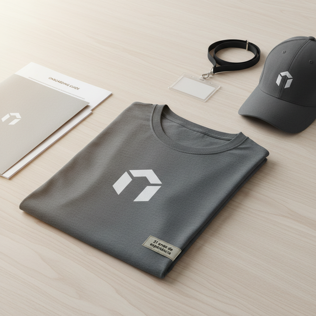 A flat-lay composition of a complete corporate kit on a light wooden surface: a folded custom T-shirt with a subtle, modern logo, matching branded cap, lanyard with blank badge holder, and a neatly stacked pile of onboarding documents in a simple folder. The T-shirt’s fabric displays a fine, durable knit and flawless logo printing. A small, discreet label reads “31 anos de experiência” in Portuguese, reinforcing heritage. Soft, diffused top lighting creates a clean, shadow-softened look, with natural daylight from the side adding gentle warmth. Photographic realism, with balanced composition and moderate depth of field, communicates organization, professionalism, and readiness for corporate events or internal campaigns.