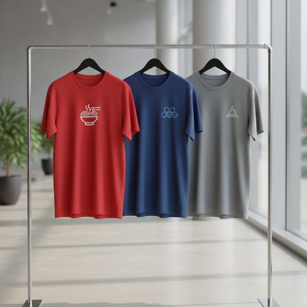 An elegant presentation of three corporate T-shirts on slim, matte-black hangers suspended from a minimalist metal rack, each shirt representing a different large brand: one in red with a simplified noodle bowl icon, one in deep blue with a stylized chemical molecule, and one in silver-gray with a sleek automotive emblem. Logos are suggestive, not literal, to avoid trademarks, but convey Nissin, BASF, and Mercedes-Benz–style industries. The rack stands in a clean, contemporary showroom with light concrete flooring. Large floor-to-ceiling windows cast soft, natural daylight, creating gentle reflections on the polished floor. Photographic realism, shot using the rule of thirds at eye level, with a professional, aspirational mood emphasizing credibility and big-brand trust.