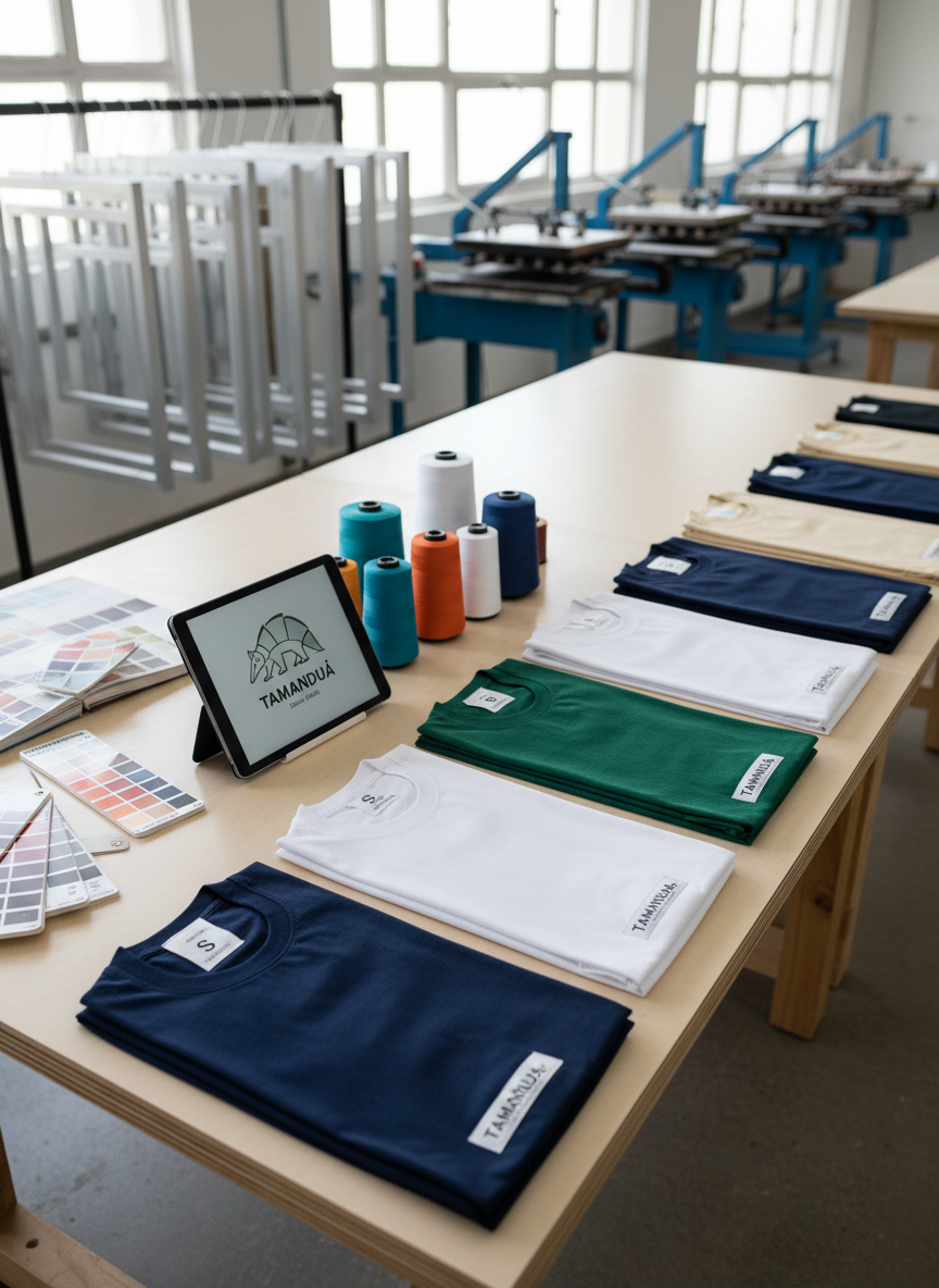 A well-organized production table in a modern textile workshop, covered with stacked blank corporate T-shirts in various sizes and colors, neatly folded with size tags visible. On the table, precise color swatch books, Pantone guides, and a digital tablet displaying a vector logo design sit beside embroidery threads spooled in brand-consistent colors. In the softly blurred background, professional screen-printing frames and heat-press machines are visible. Overhead neutral studio lighting and side window daylight combine to create an evenly lit, high-clarity scene with subtle shadows. Photographic realism at a slightly elevated angle, with a calm, methodical, and trustworthy atmosphere emphasizing Tamanduá’s 31 years of expertise and meticulous customization process.